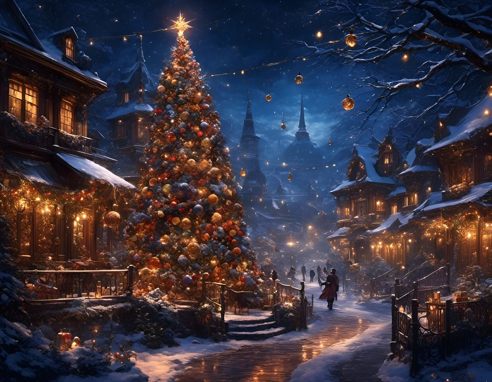 Elegant Dark Fantasy Christmas Landscape with Fairy Lights