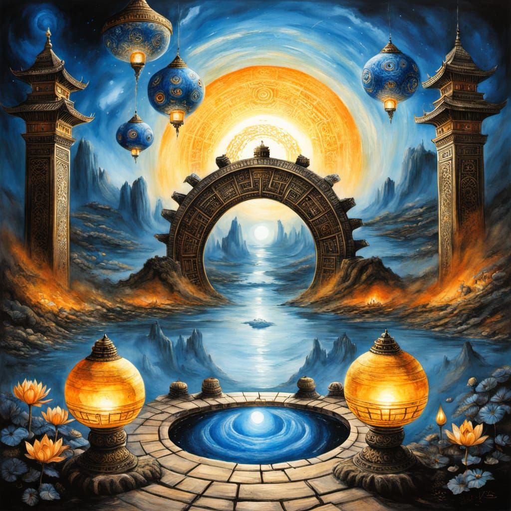Ancient Stargate with Yin Yang, Lotuses, and Sunset Vortex