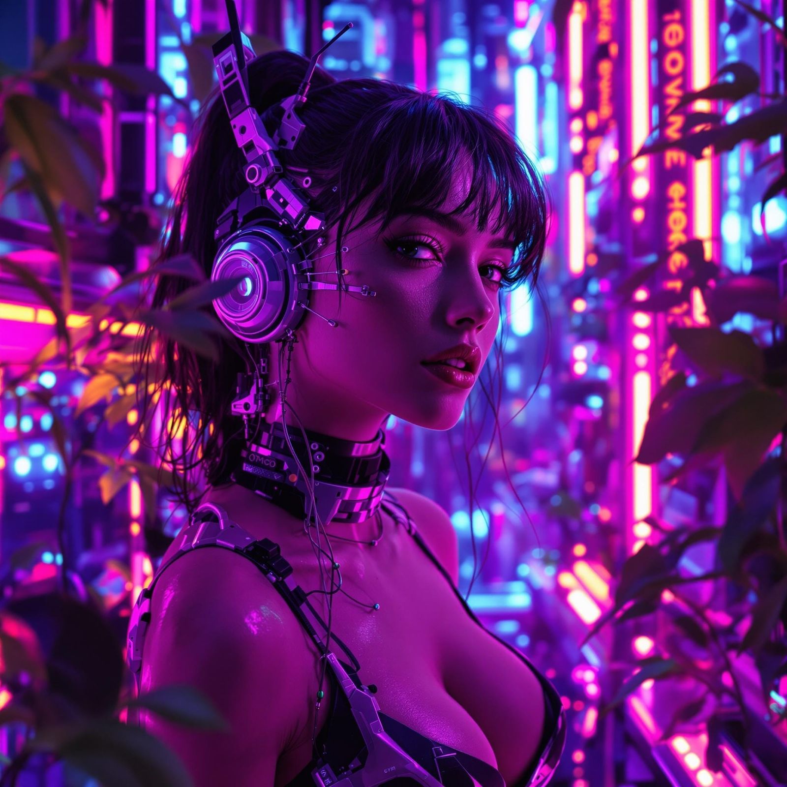 Cyberpunk Woman Surrounded by Neon and Nature