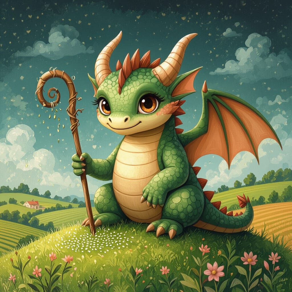 Taurus Baby Dragon Sowing Seeds in Storybook Style