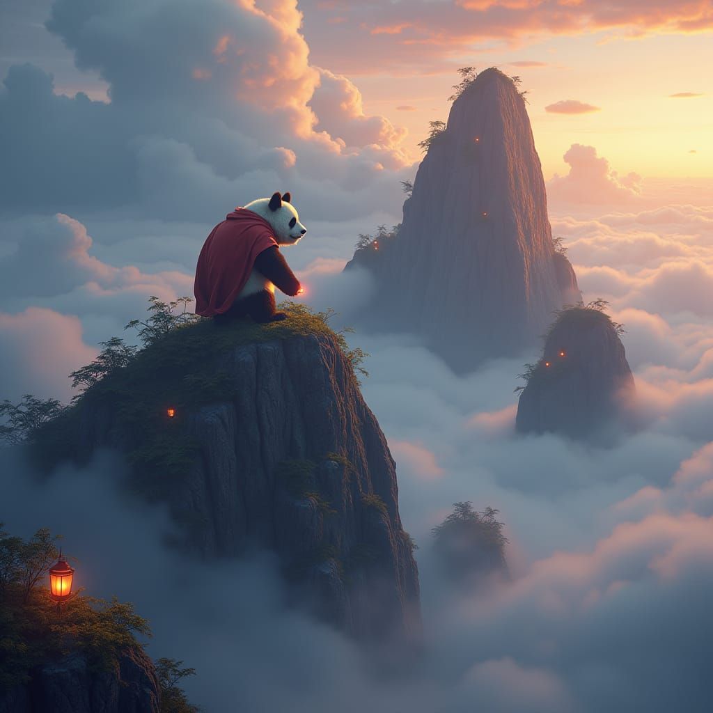 Panda Climbs Mystical Mountain in Dreamlike World