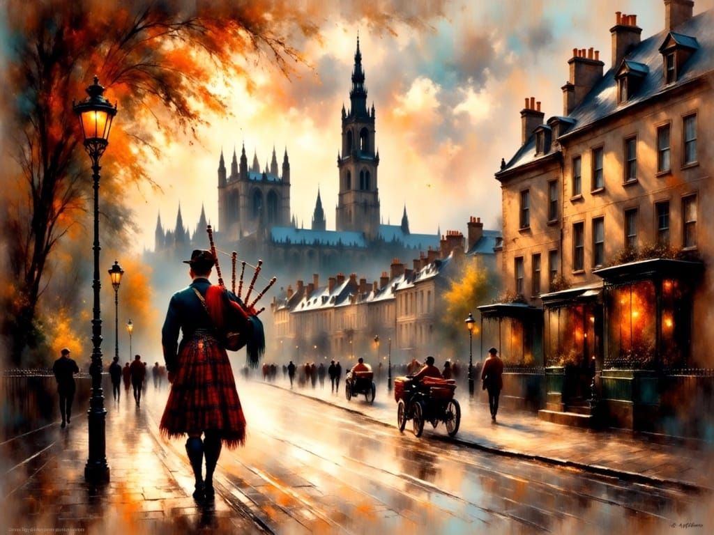 Edinburgh Castle with Bagpiper in Matte Painting Style