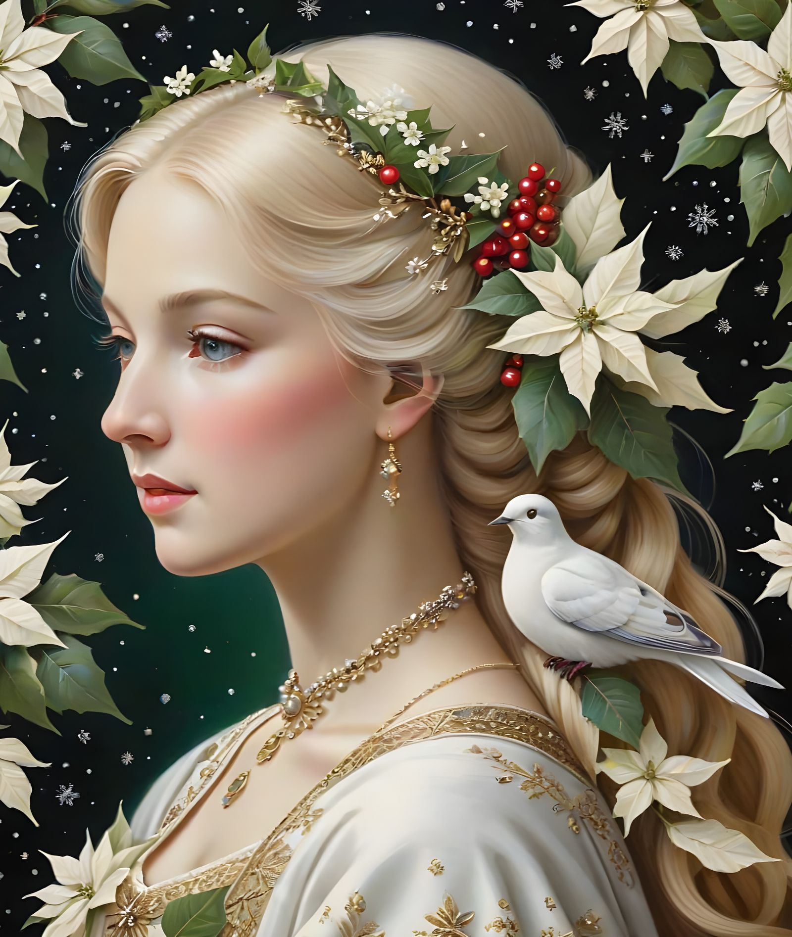 A Woman's Winter Beauty with Dove and Snowflakes in Renaissa...
