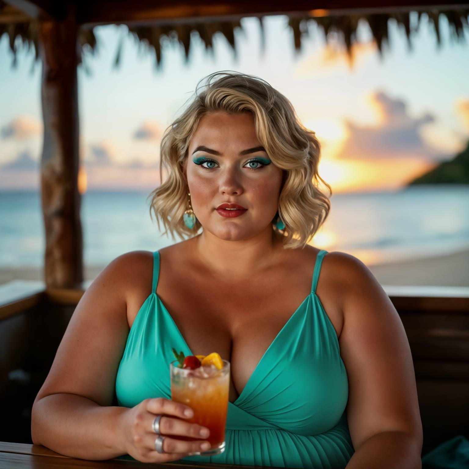 Plus-Size Woman in Turquoise Dress at Polynesian Beach Bar