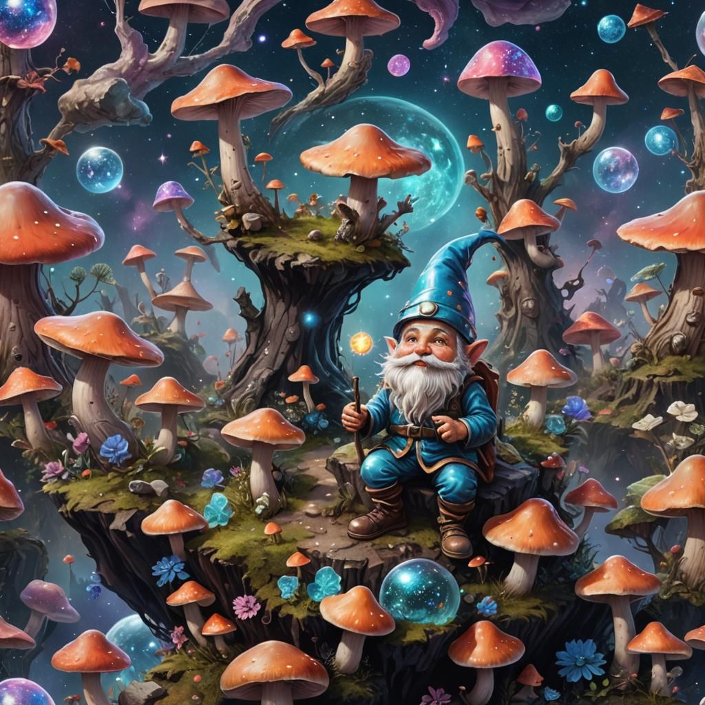 Gnome Cultivating Cosmic Mushrooms: Astral Illustration