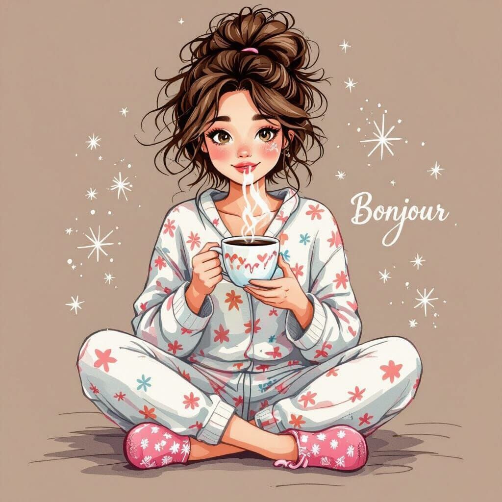 Sleepy Woman with Coffee in Cozy Pajamas