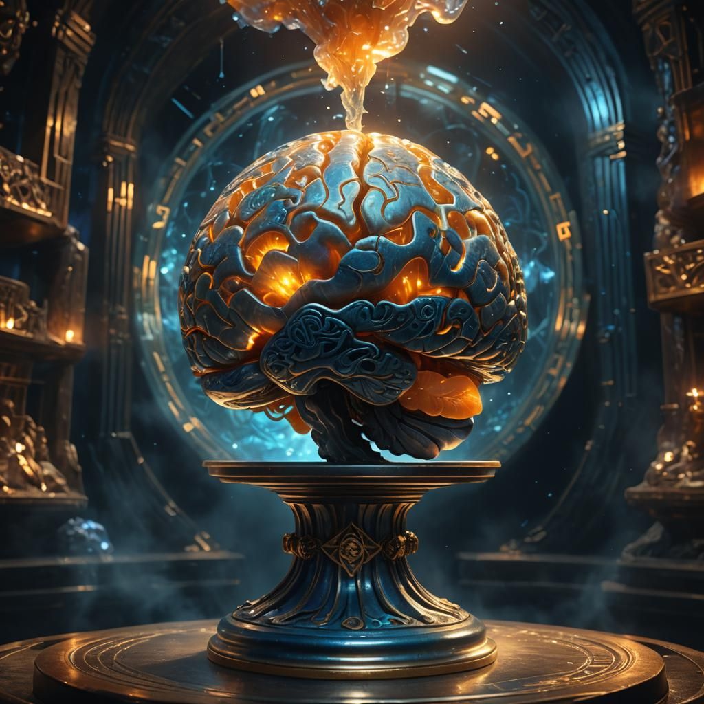 Mystical Glass Brain on Pedestal in Dark Chamber