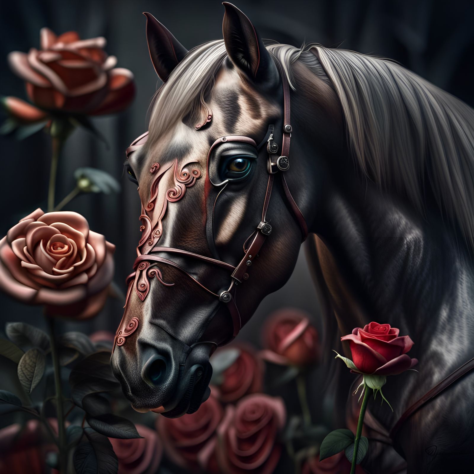 Hyperrealistic Horse with Rose: Intricate HDR Detail