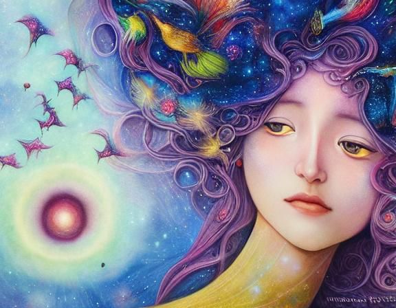 Woman Holding Galaxy in Surreal Watercolor Universe