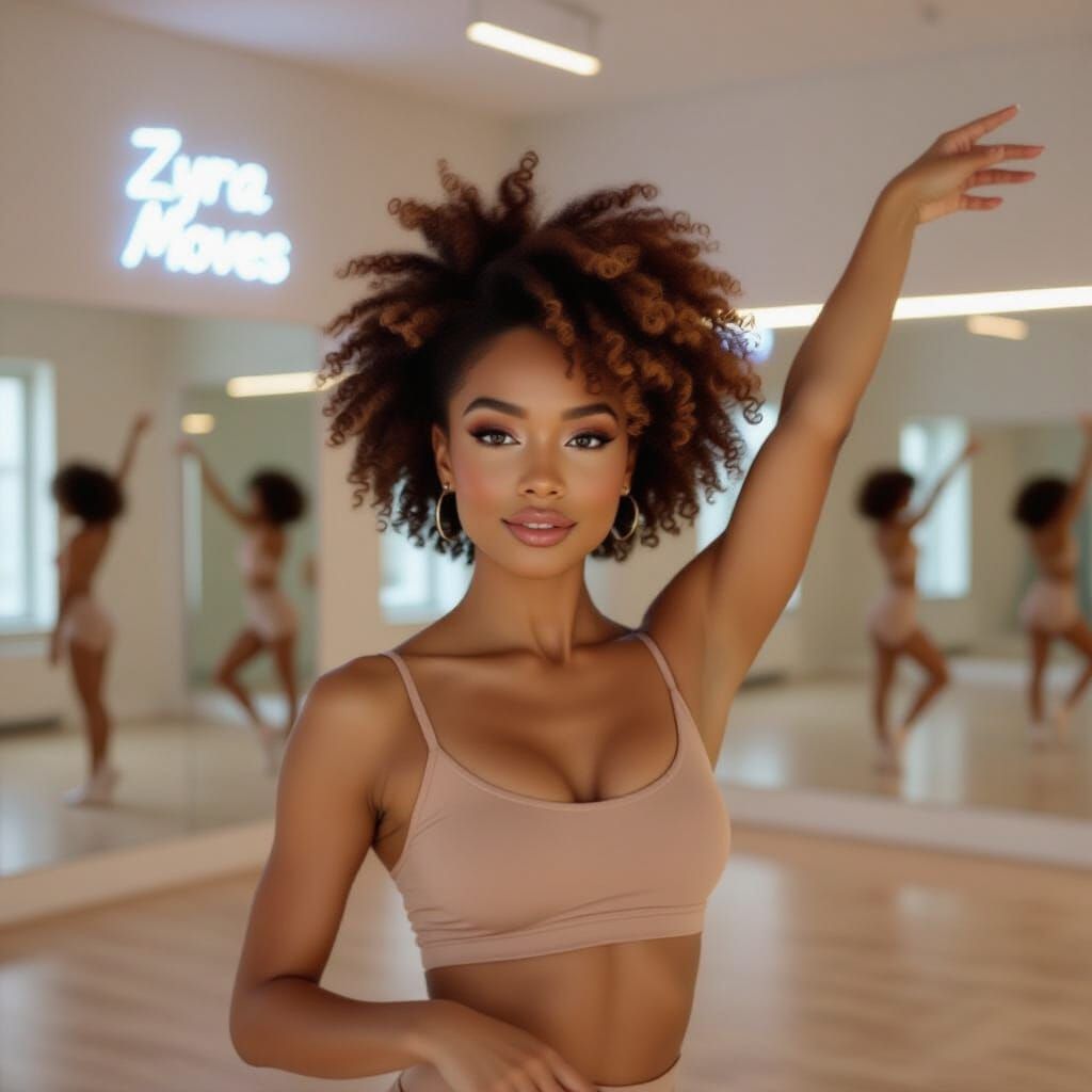 Radiant Dancer with Curly Afro in Neon-Lit Studio
