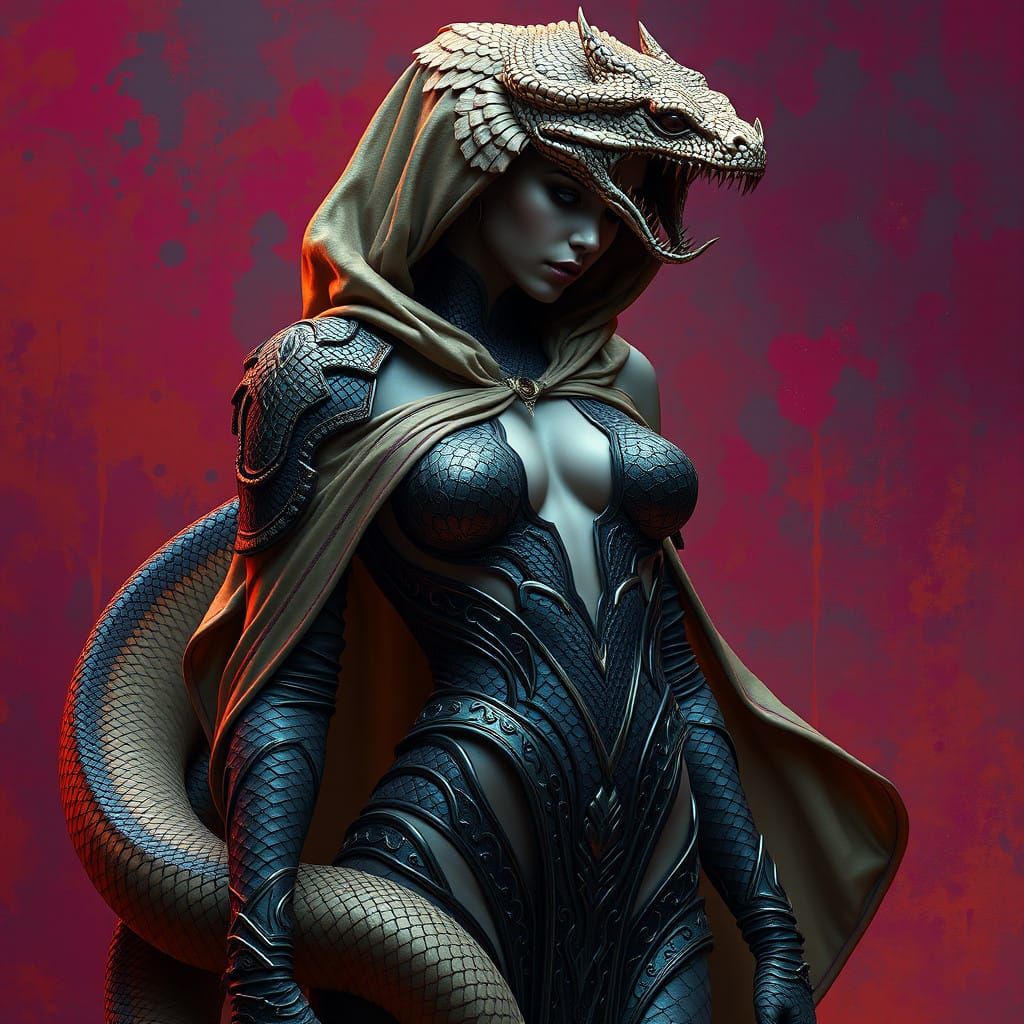 Serpentine Goddess Unveiled in Shimmering Armor and Scales