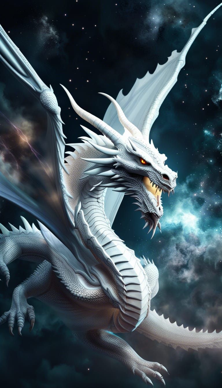 Colossal White Dragon Flies Through Cosmic Dark Fantasy
