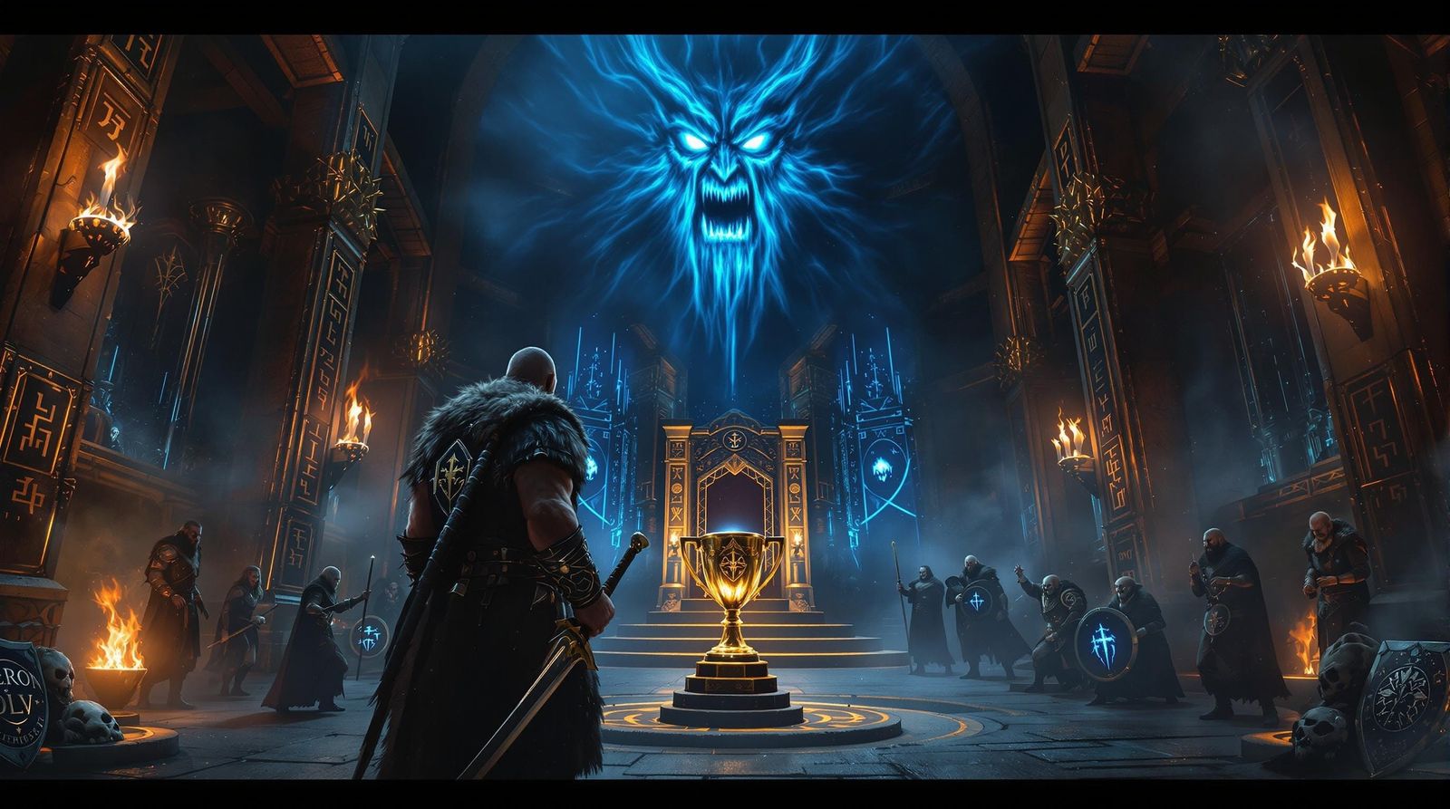 Ethereal Viking Warrior in Valhalla's Grand Hall