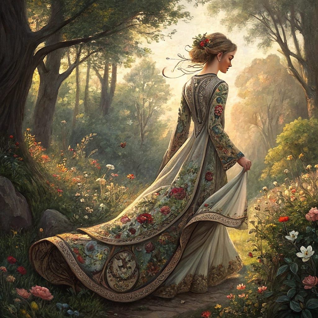 Whimsical Maiden Dances in a Lush Medieval Landscape