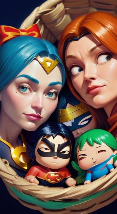 Sad Mini Superhero in Basket: Cartoon Concept Art