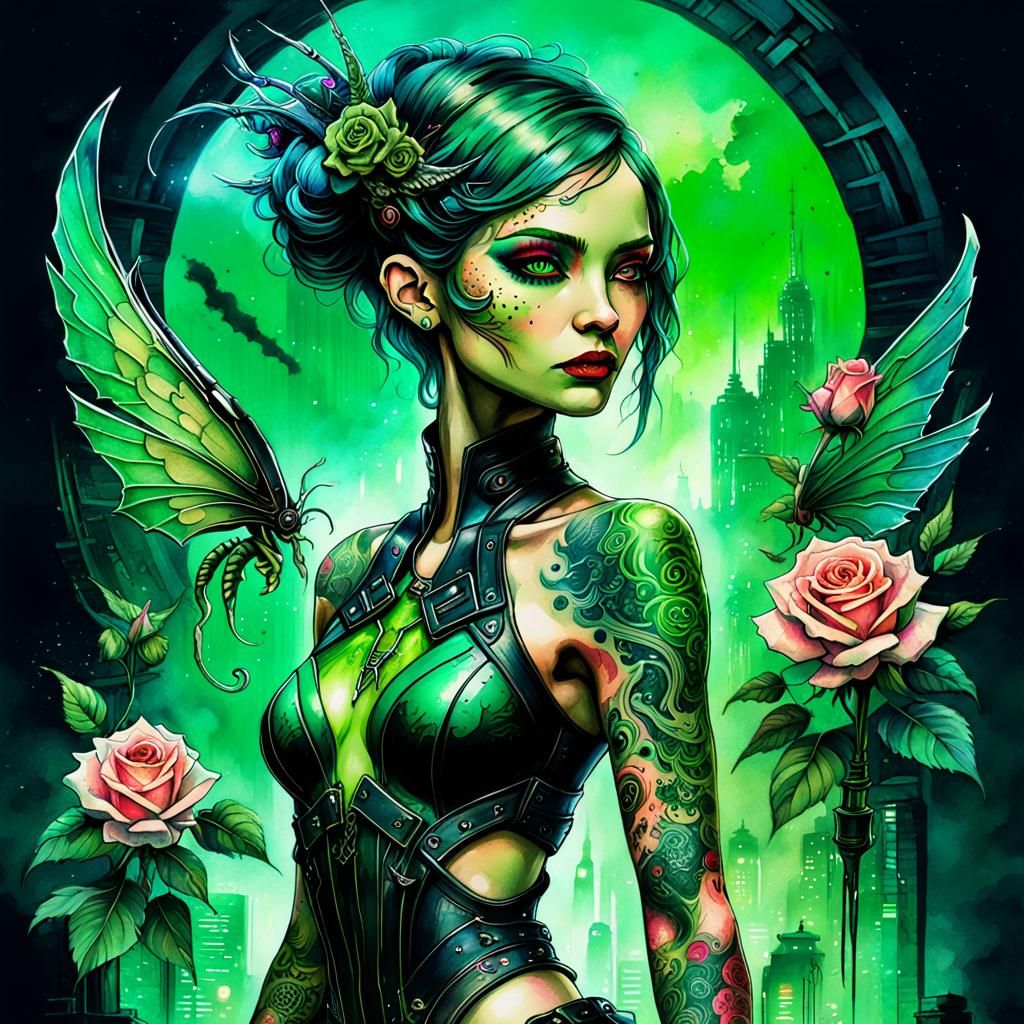 Cyberpunk Fairy with Dragon Tattoos in Digital Art