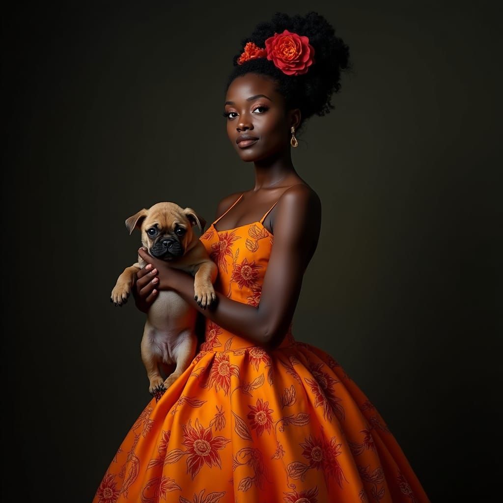 Elegant Black Woman in Vibrant Orange Gown with Floral Patte...