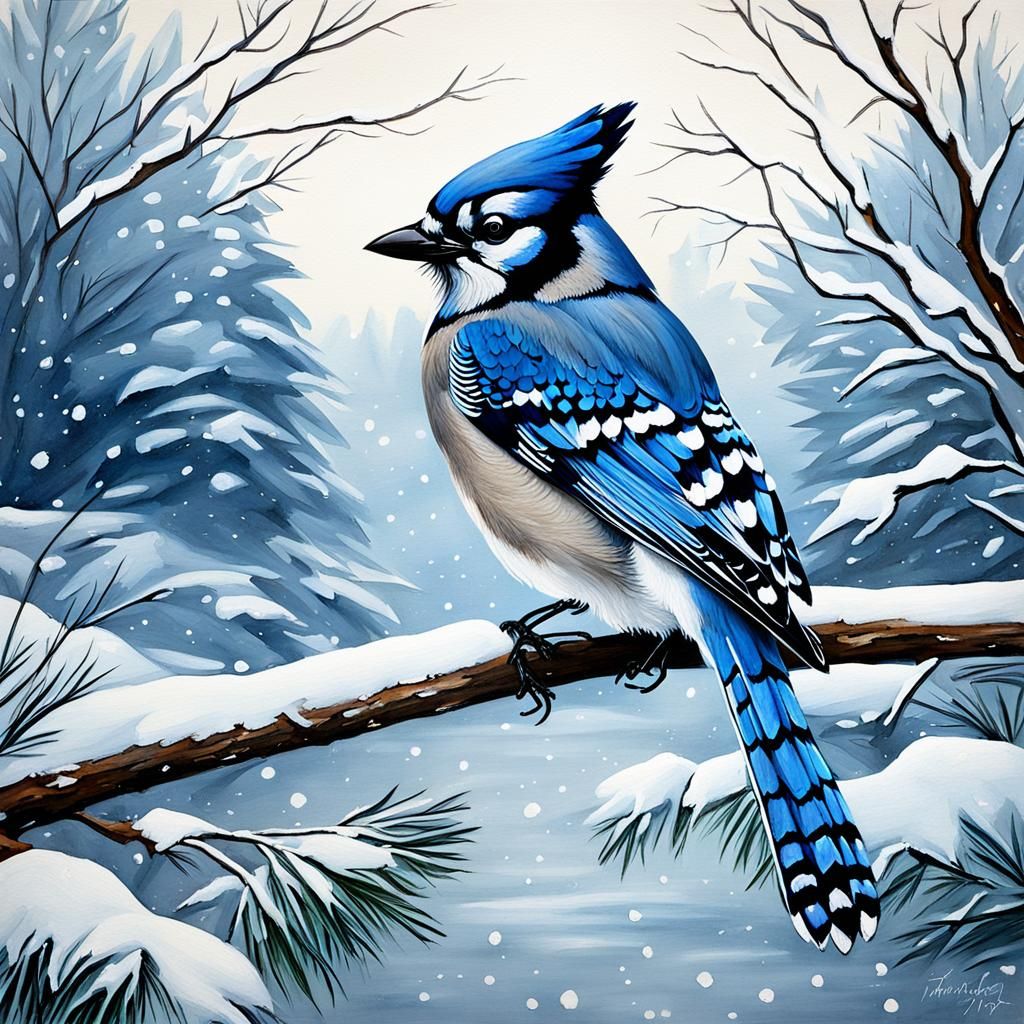 Blue Jay in Snow, Audubon Style