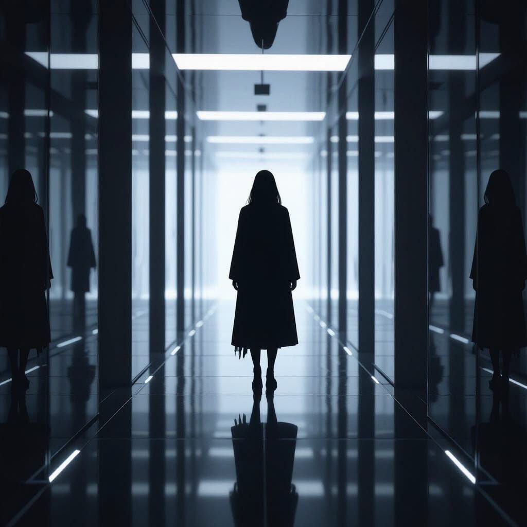 Shadow Figure in Infinite Mirror Corridor