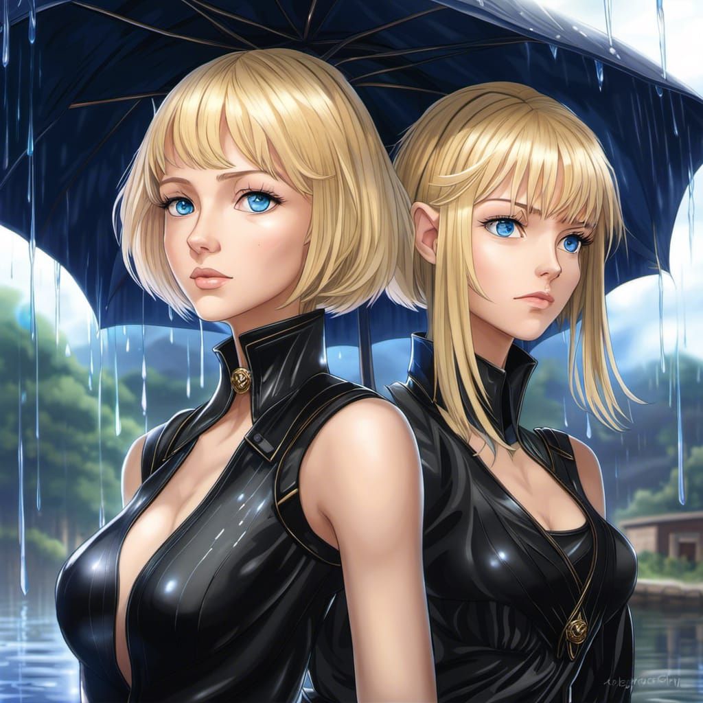 Anime Portrait: Two Women in Rain, Manga Style