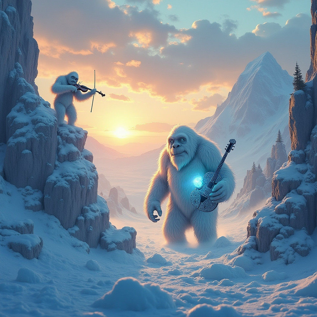 Melting Yetis' Icy Serenade: A High-Fantasy Painting