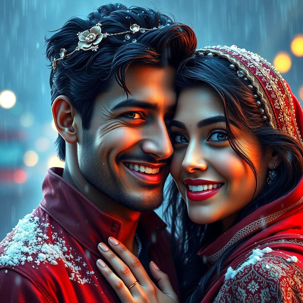 Beautiful Indian Lovers Smiling in the Rain
