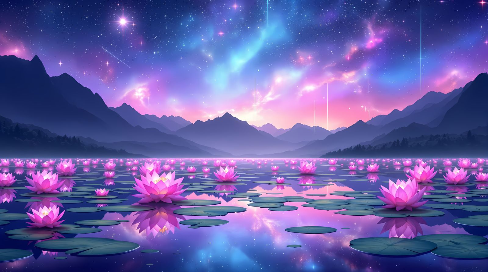 Fantasy Anime Dreamscapes: Serene Mountain Lake at Night