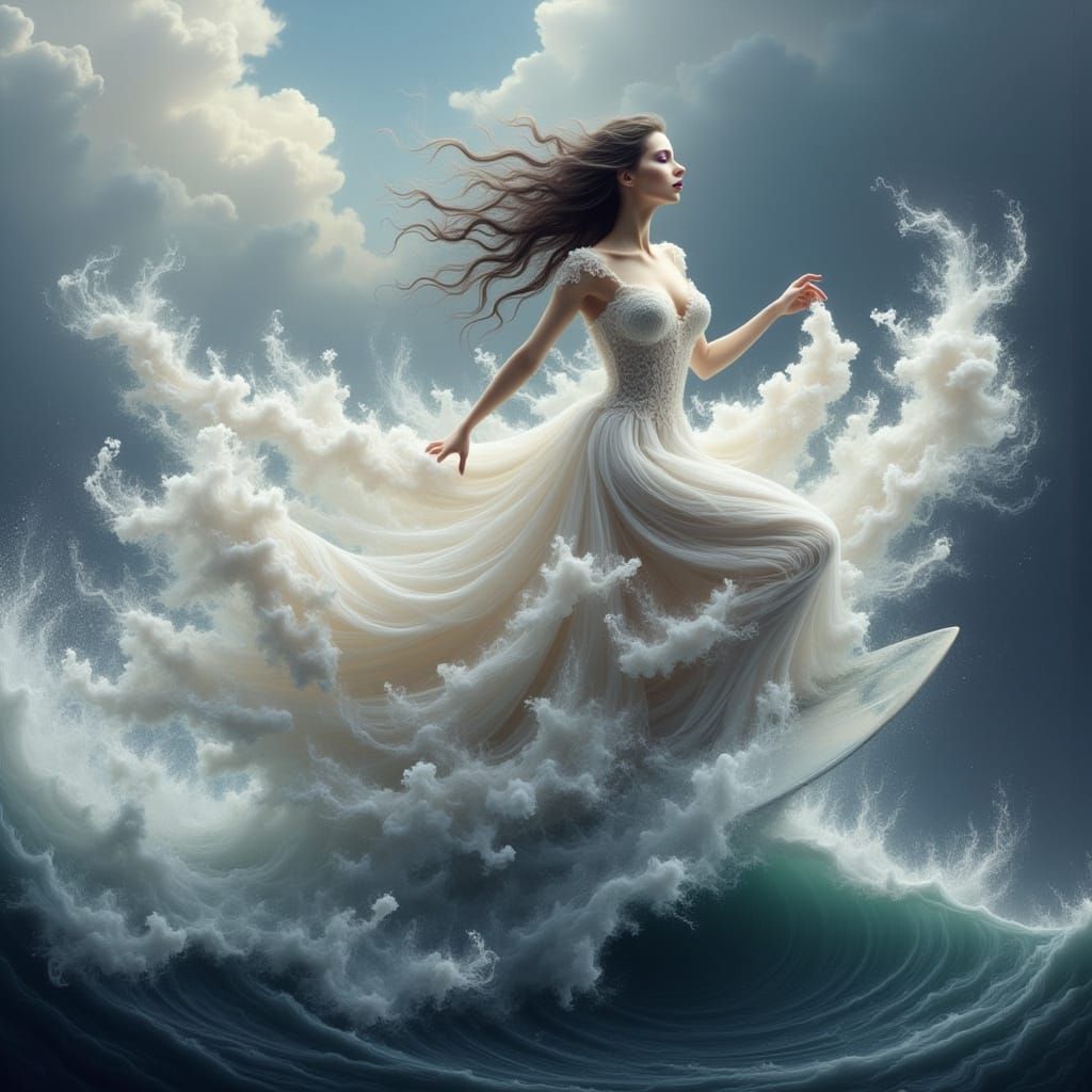 Gothic Bride Rides Tsunami in Fantasy Painting