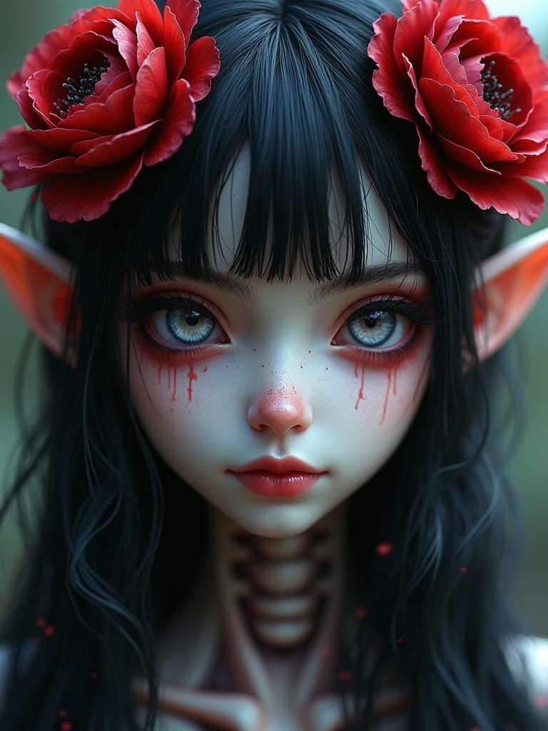 Gothic Elf Maiden with Crimson Flowers and Undead Aura