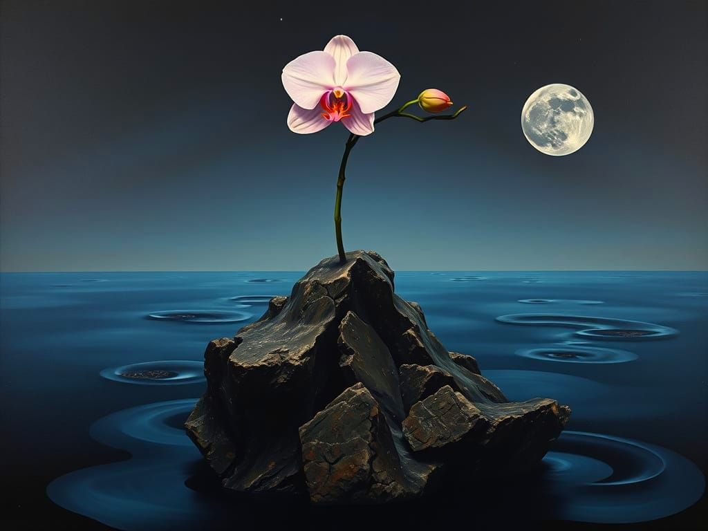 Surreal Orchid Queens in Liquid Night, Dali Style