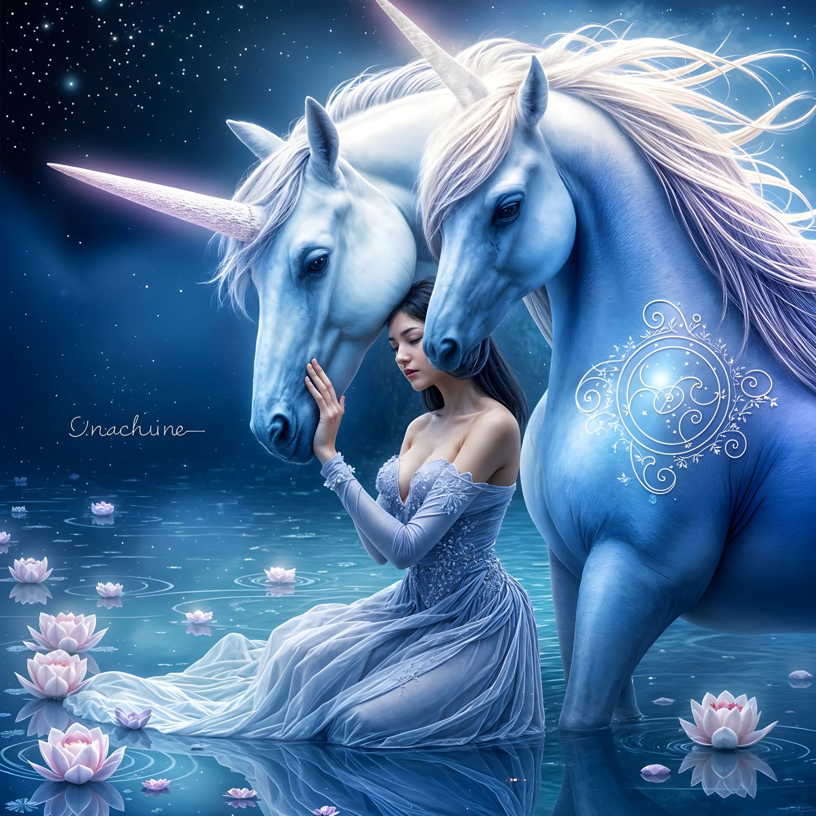 Mystical Guardian in Lavender Beside Glowing Unicorn