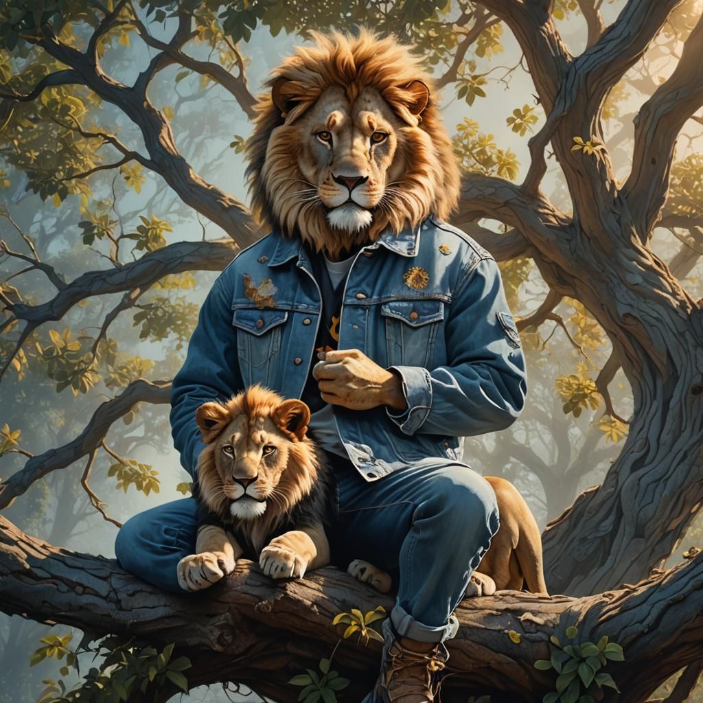 Lion in Denim Jacket, Digital Matte Painting