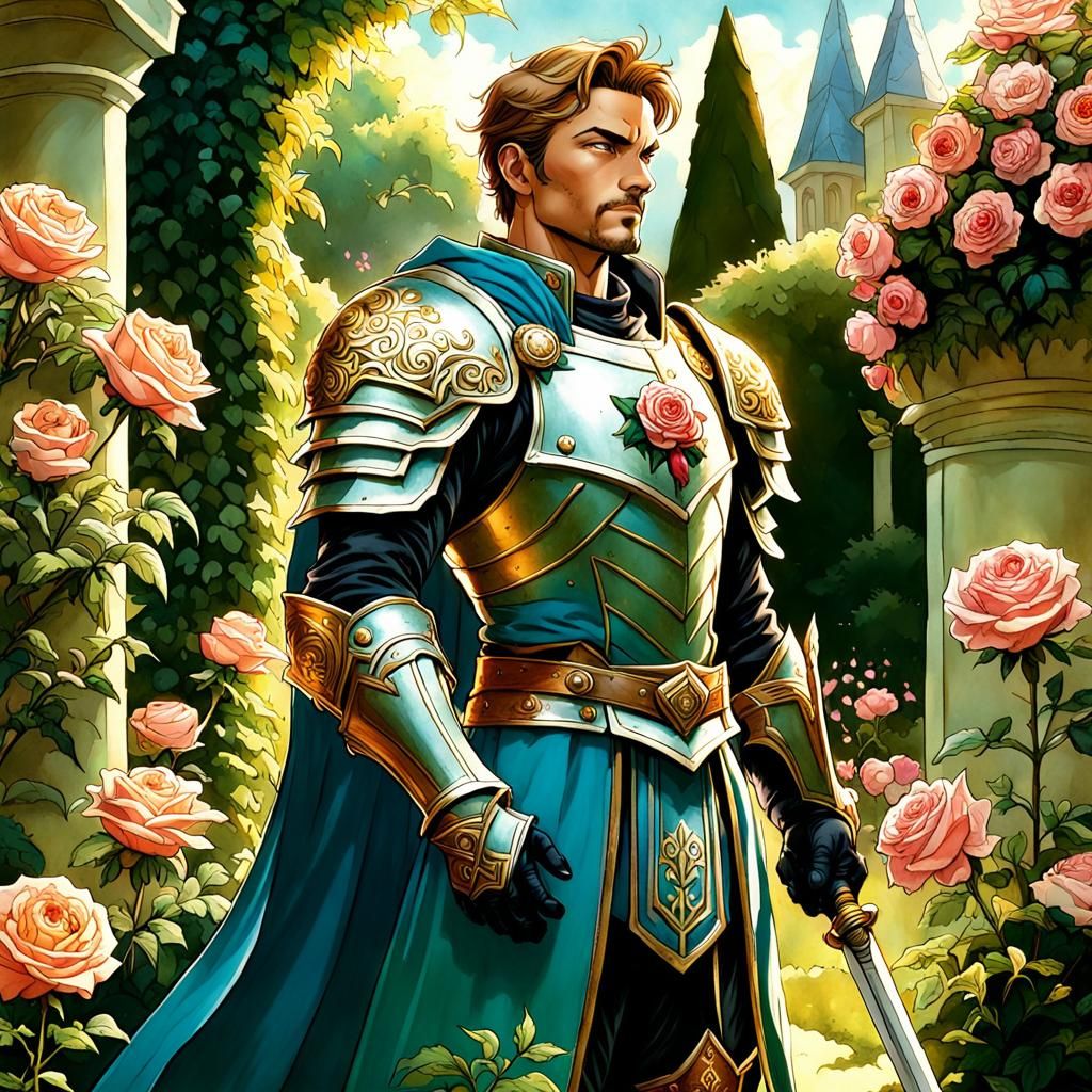 Paladin in Rose Garden, Anime Style Illustration