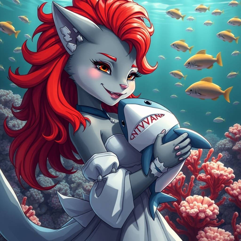 Surreal Underwater Scene of Shark Wolf Hybrid in Elegant Fur...