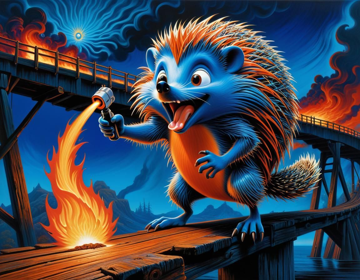 Screaming Fire Hedgehog on Bridge, in Surreal Style