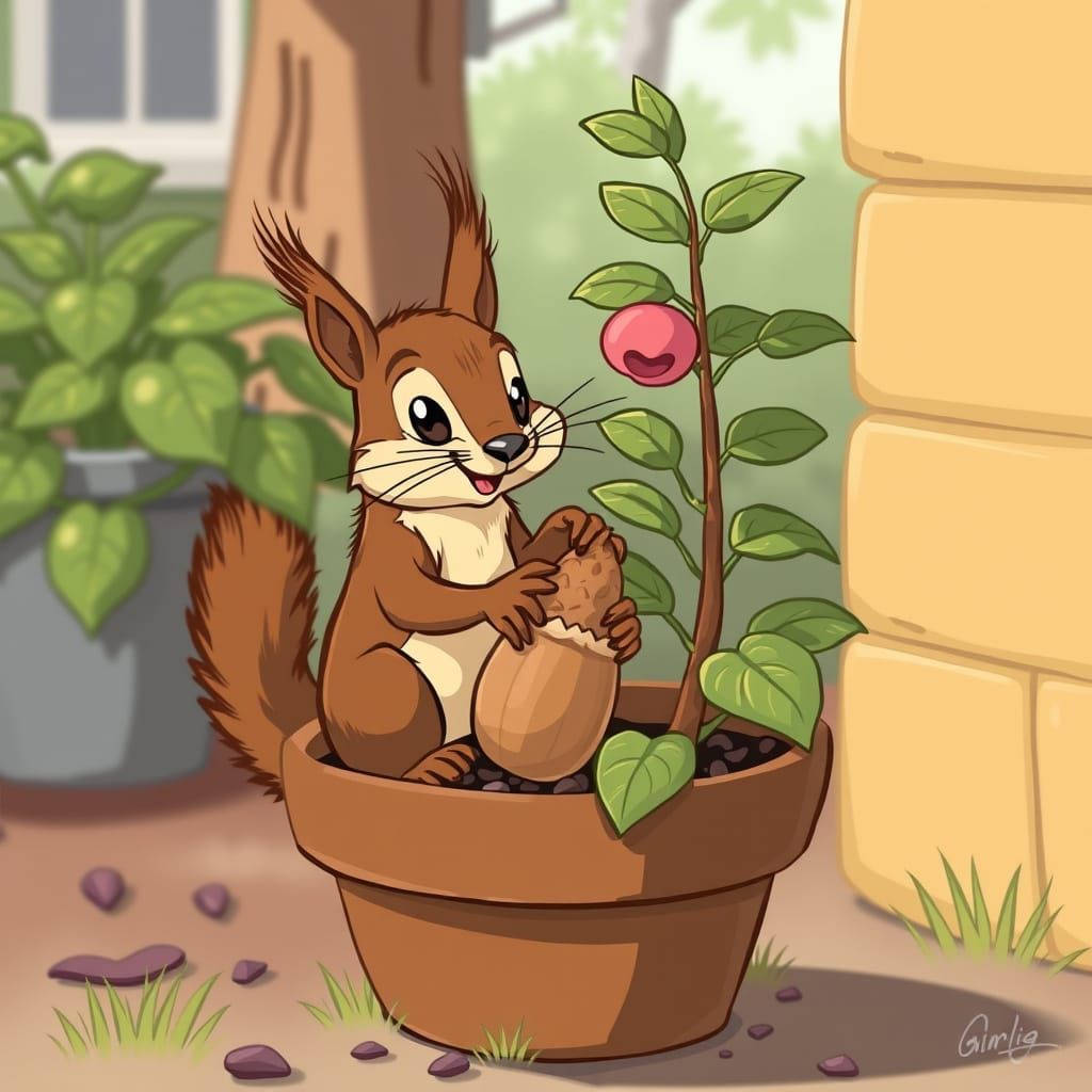 Mischievous Squirrel Planting a Nut, Retro Cartoon