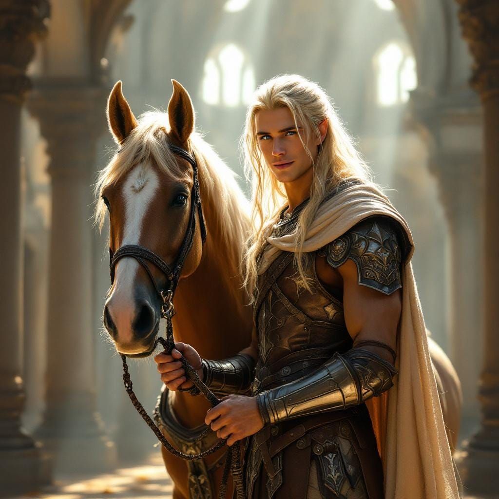 Elf-Lord with Palomino in Sunlit Palace Courtyard