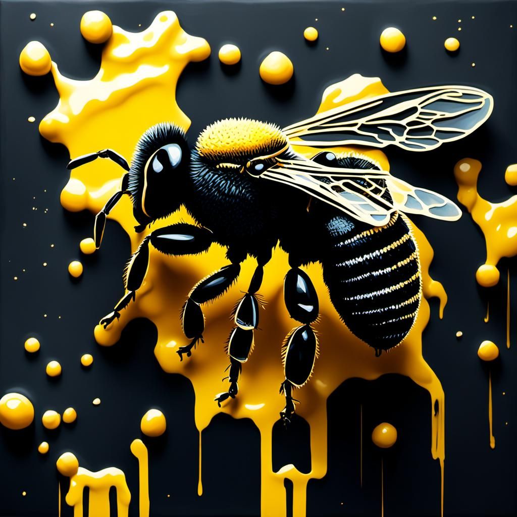Luminous Honeycomb with Bee, Grunge Style Painting