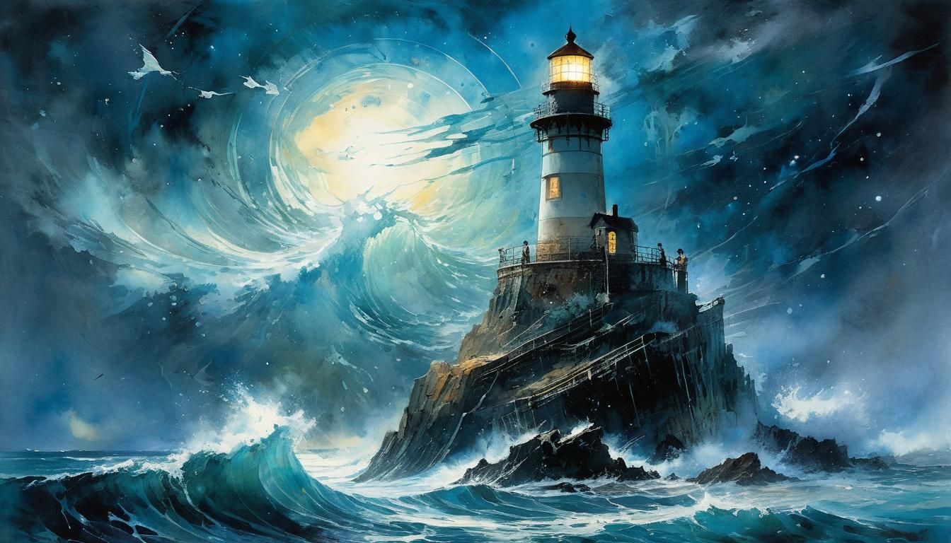 Ocean Storm Lighthouse: Watercolor Fantasy Dreamscape
