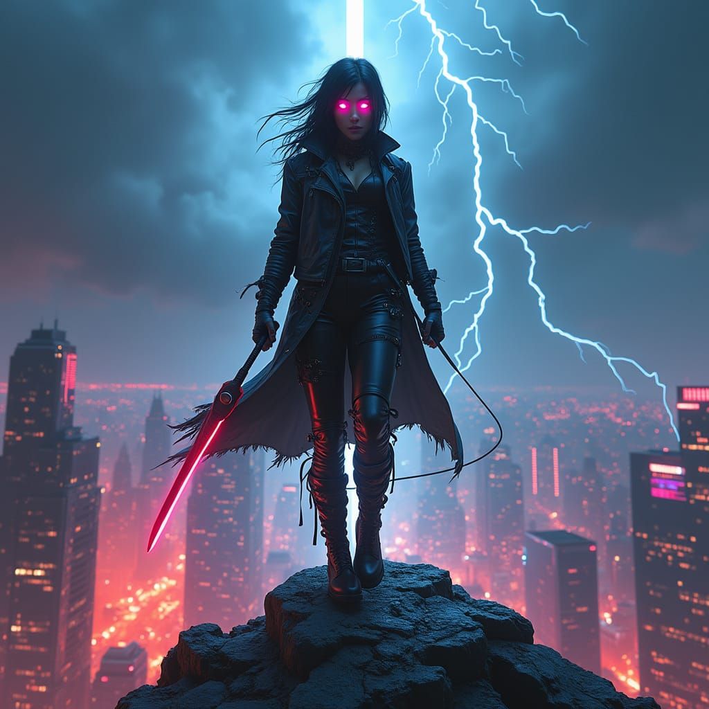 Cyberpunk Warrior Empowered by Bloom in Futuristic Dystopian...