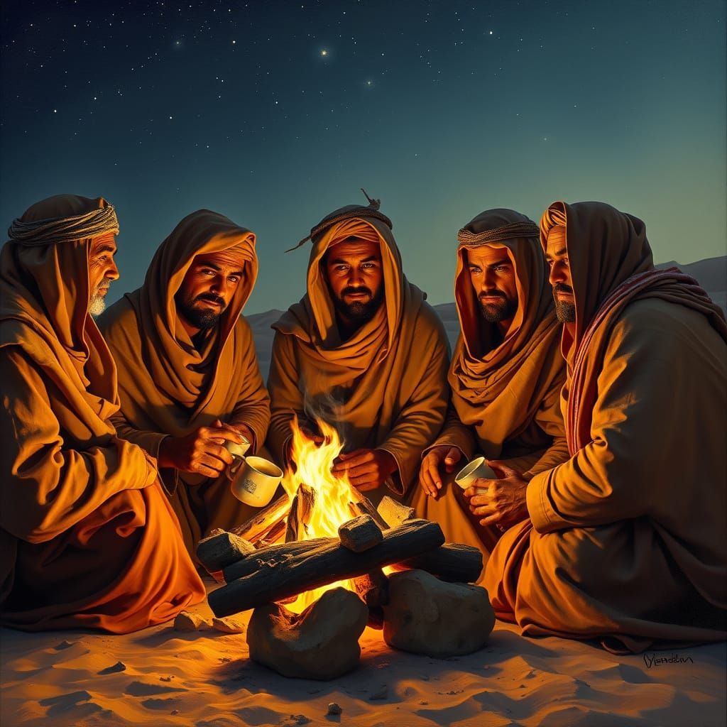 Bedouin Gathering Under Starlit Skies in Warm Oil Painting S...
