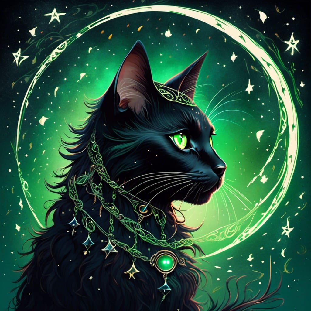 Mystical Black Cat with Runes, Moon and Stars