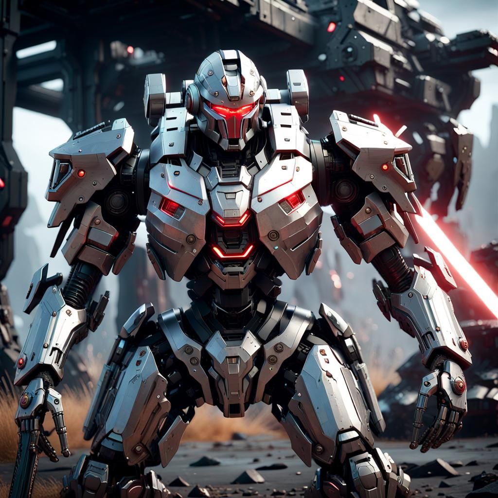 Futuristic Mech Warrior with Laser Shield in Sci-Fi Scene