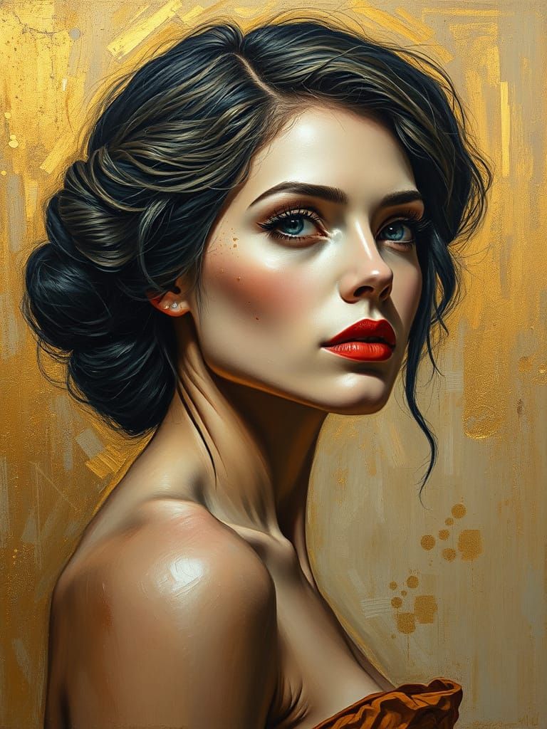 Luxurious Oil Painting Portrait in 3/4 Pose with Gold Accent...