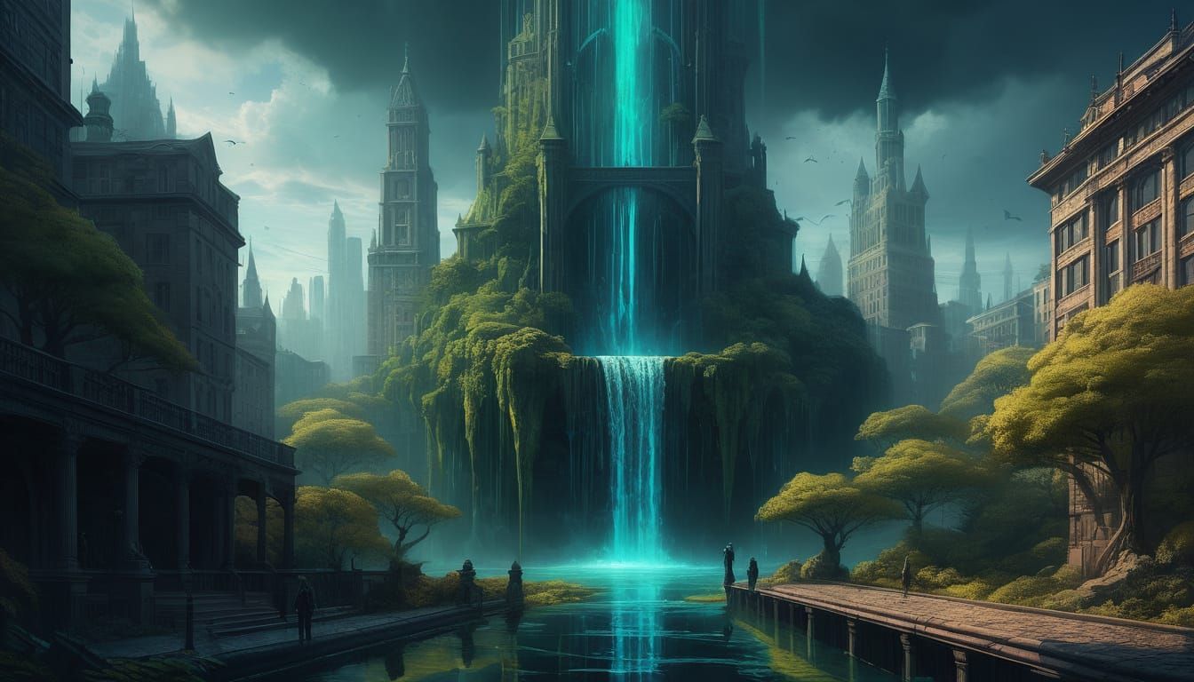 The Glitch Supervillain Before Gothic Waterfall Skyscraper