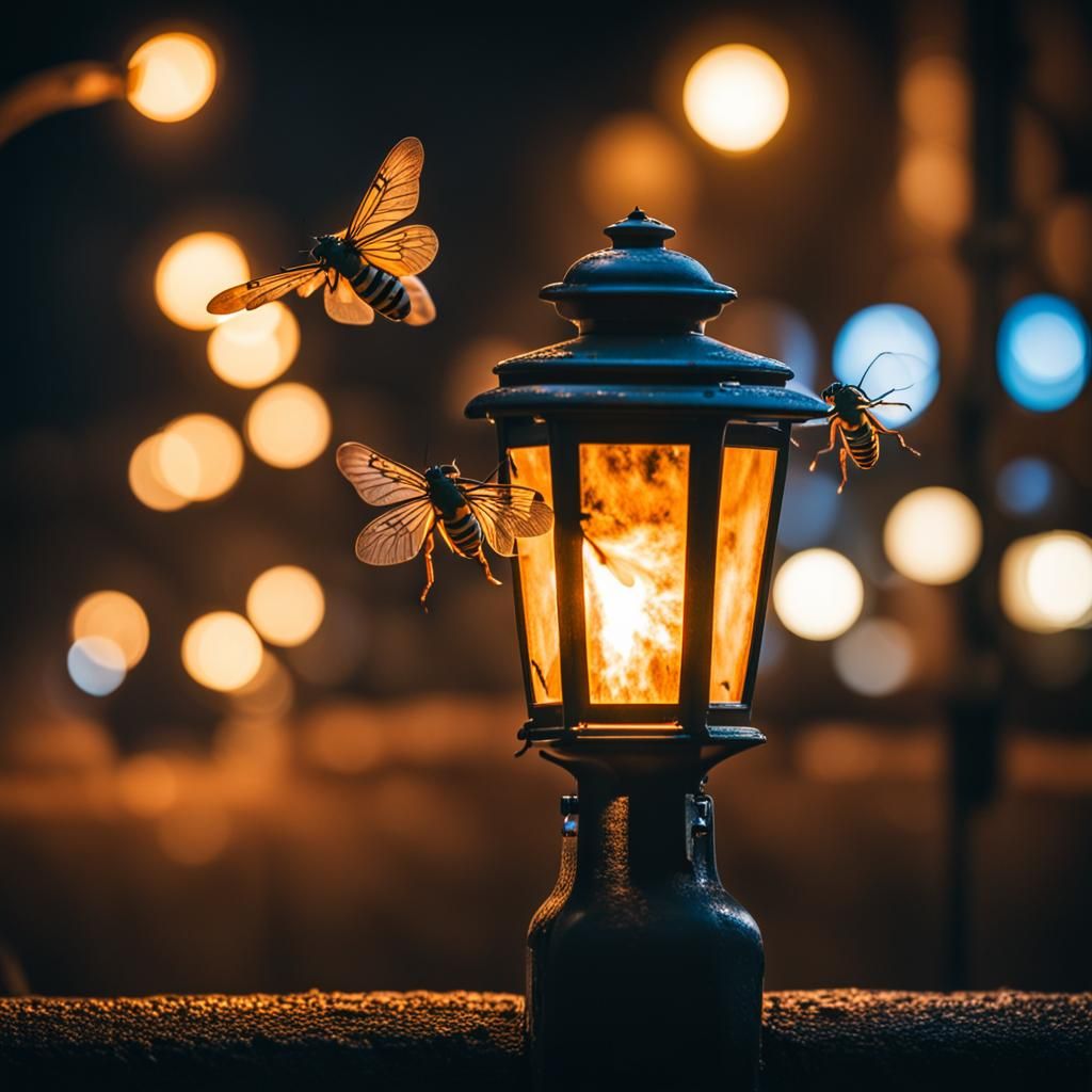Insects Around a Street Lamp at Night