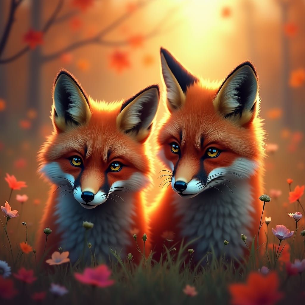 Foxes at Dusk: Hyperrealistic Fantasy Concept Art