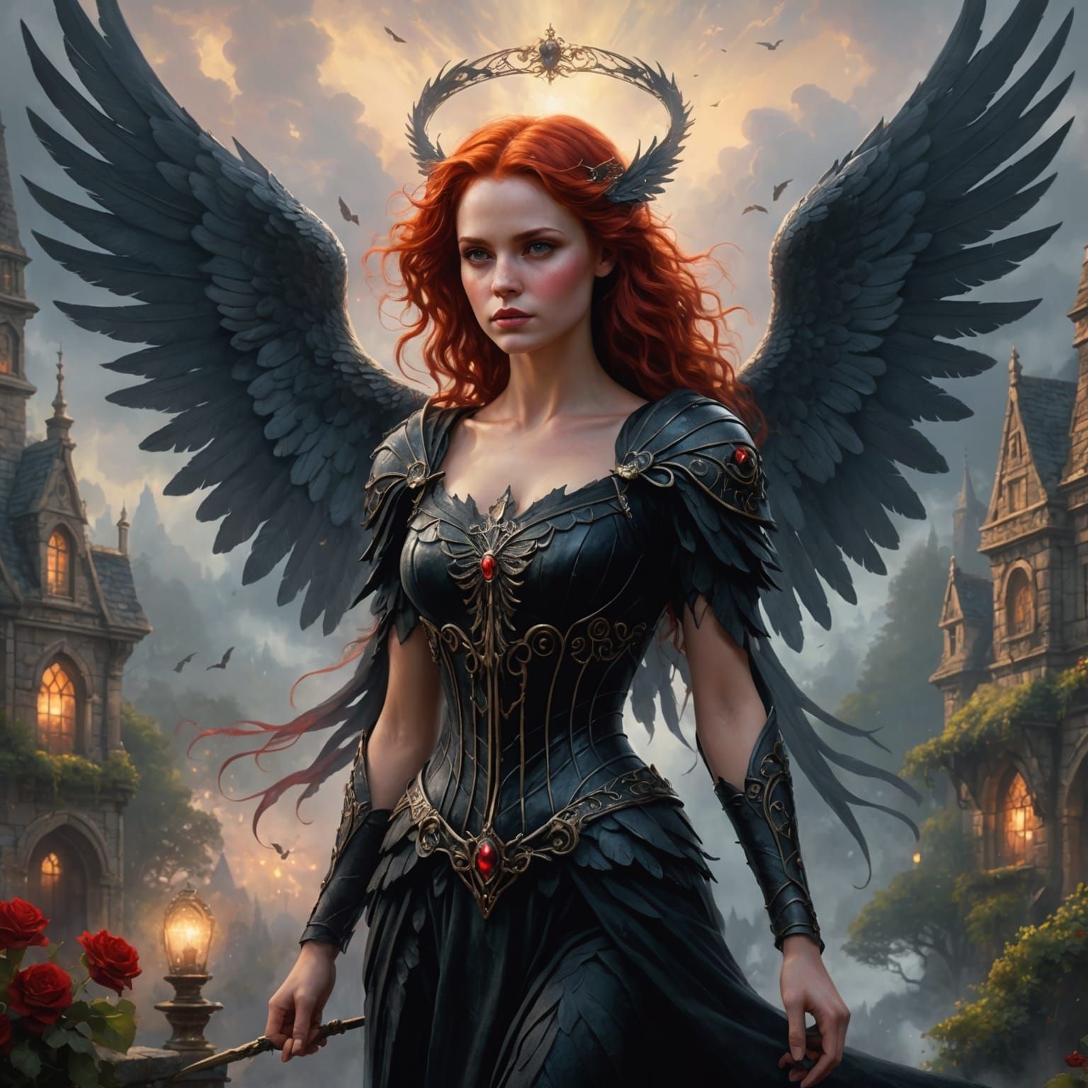 Ethereal Red-Haired Angel with Black Wings