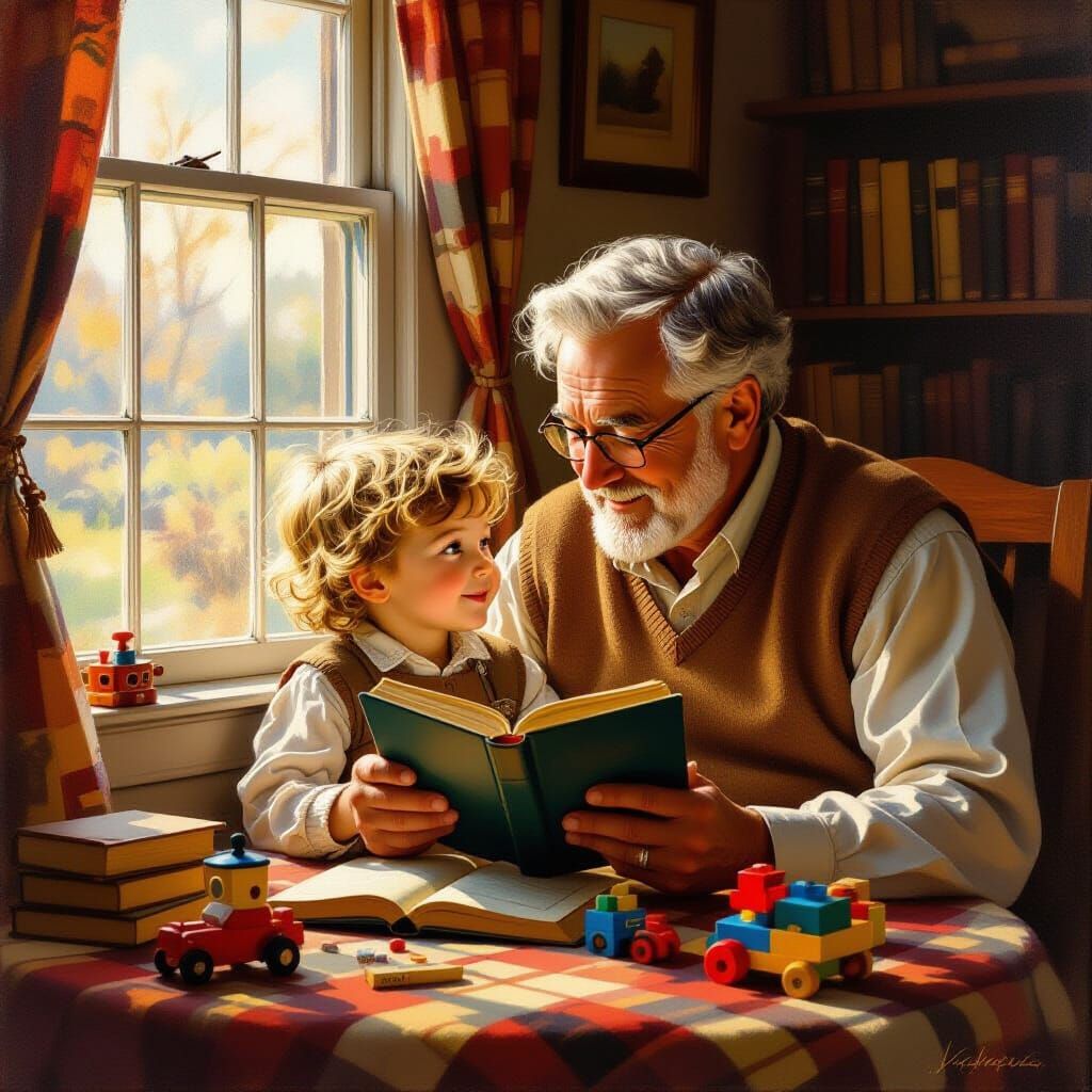 Heartwarming Oil Painting of Child and Grandpa Sharing a Mom...