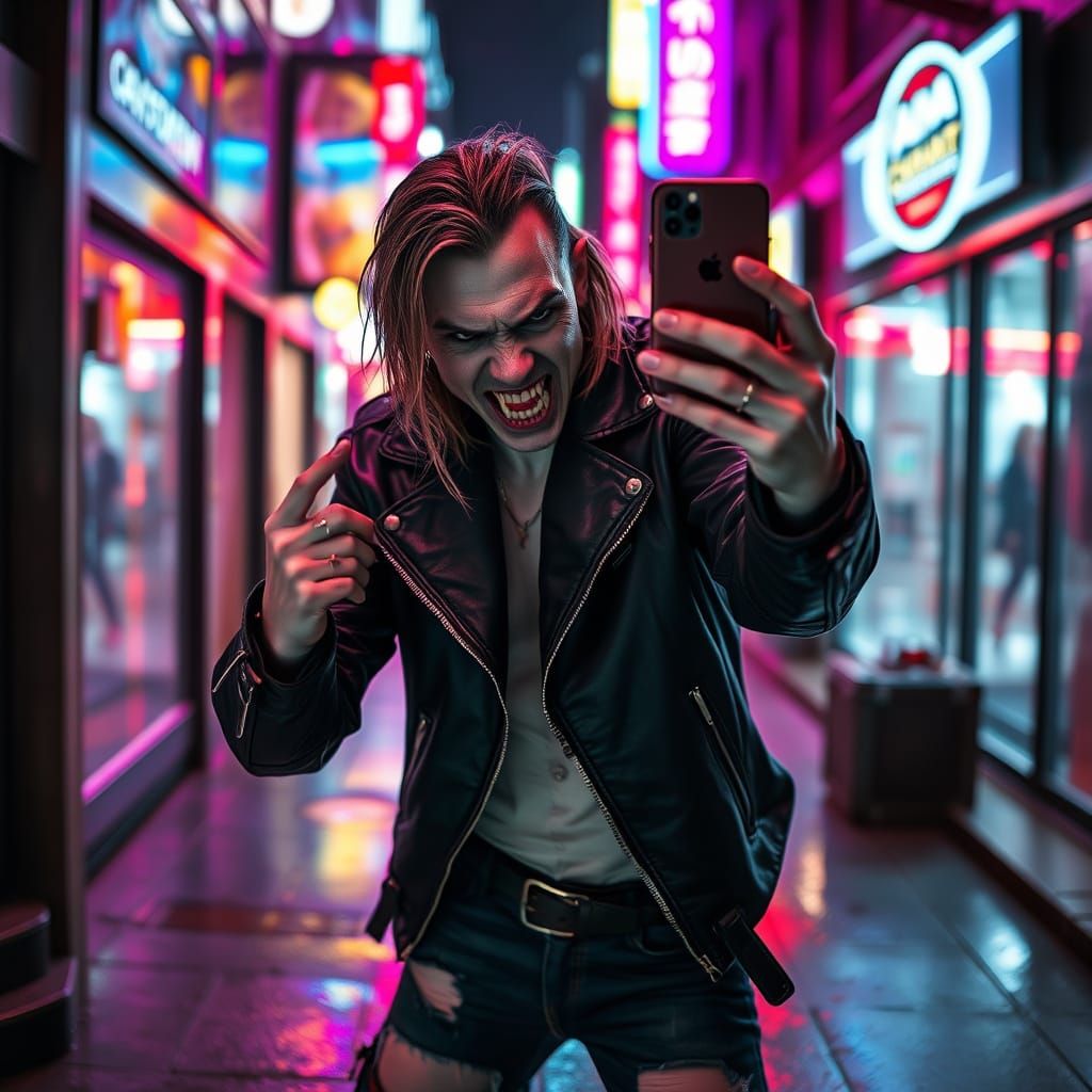 A pale-skinned vampire influencer with razor-sharp fangs and piercing eyes, posing in a dimly lit alleyway beneath a kal...